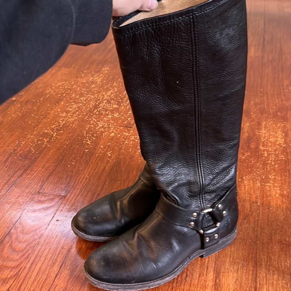 Frye tall zipper back black leather boots
